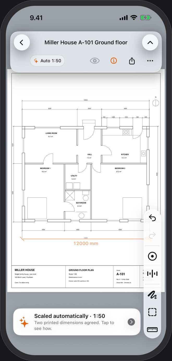 A floor plan open in PlanTape, tagged Auto 1:50, with a card reading Scaled automatically — two printed dimensions agreed
