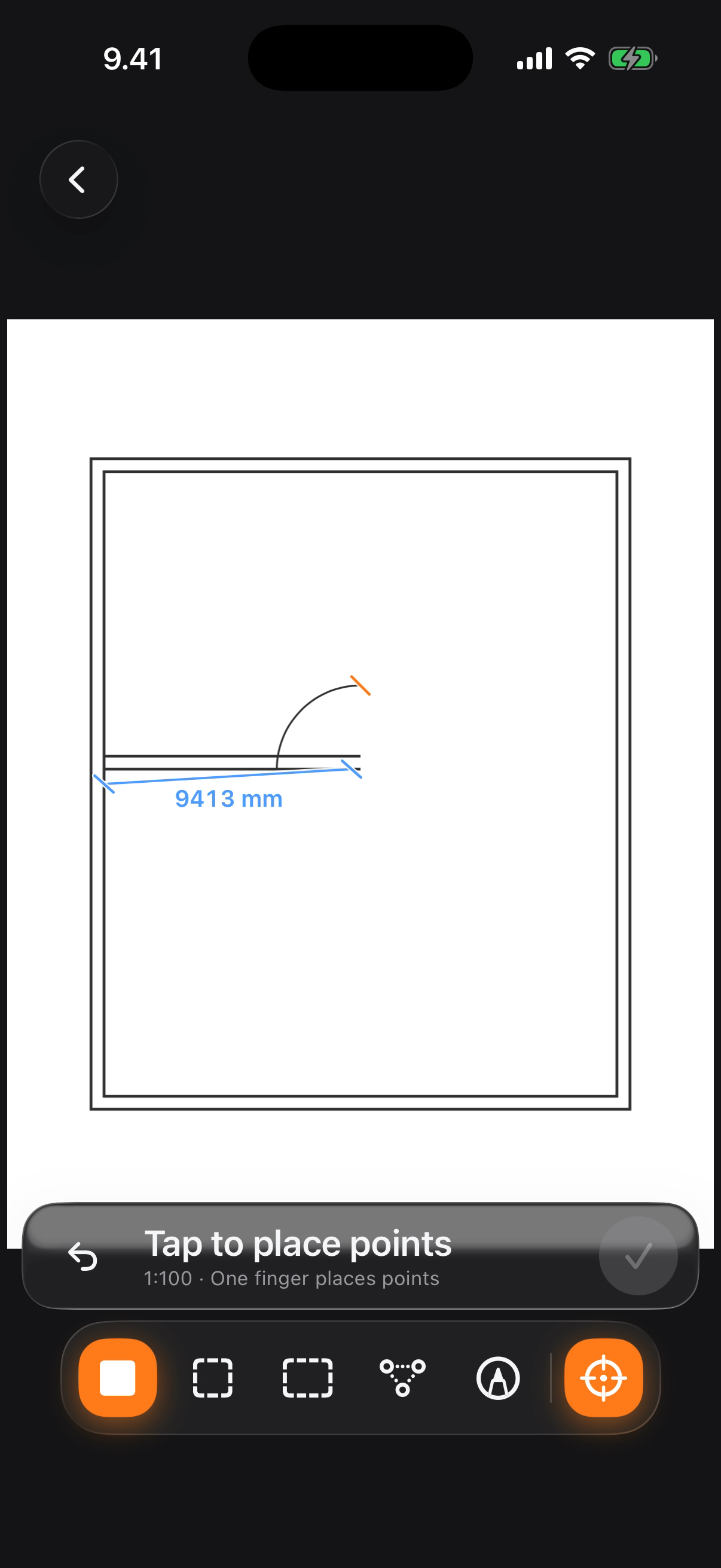 PlanTape's floating tool palette — tape, area, polygon, annotate and snap-target