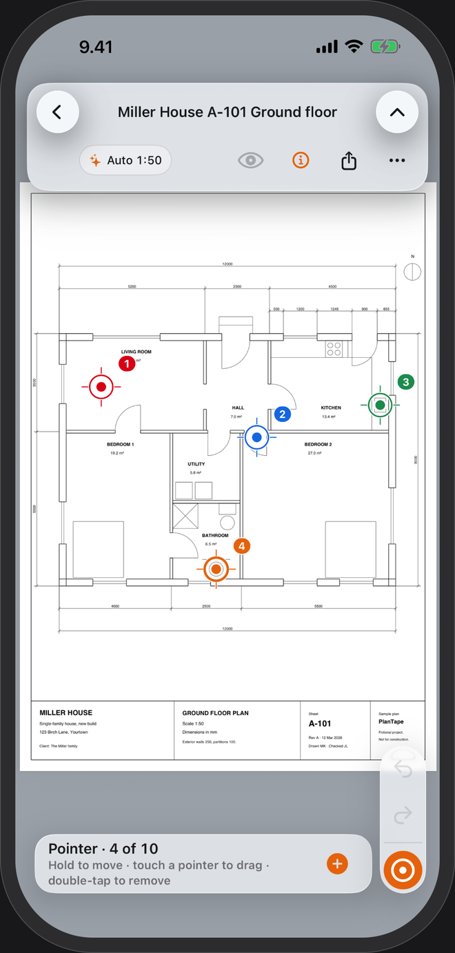 A whole floor plan in PlanTape with four numbered markers placed on the spots to talk about